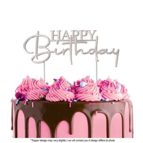 Happy Birthday Metal Cake Topper #3 - Silver - Click Image to Close
